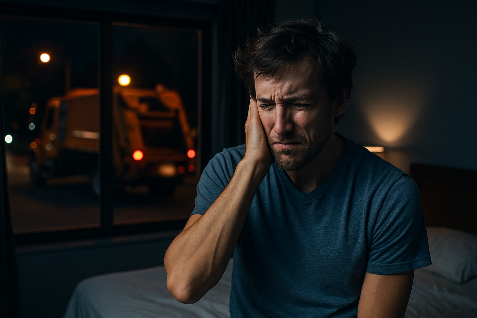 Man suffering from headache due to traffic noise