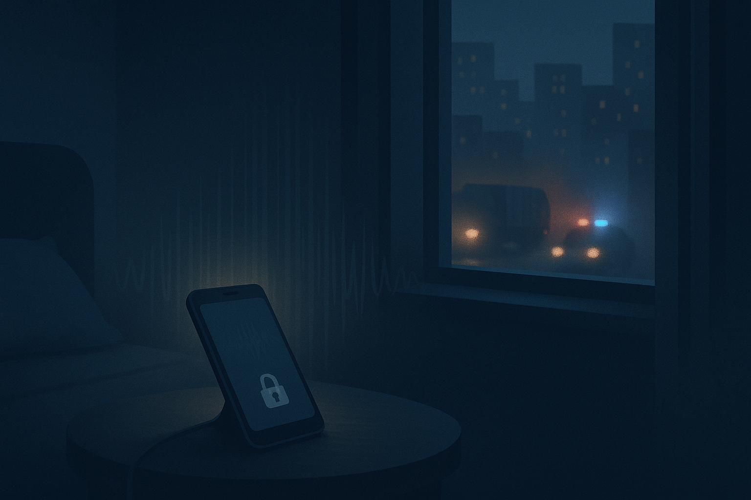 Phone monitoring noise by rainy window at night
